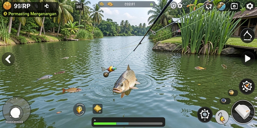 Screenshot gameplay 99RP yang menunjukkan keseruan memancing ikan.