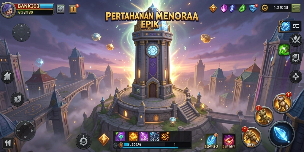 Screenshot gameplay BANK303 menunjukkan pertahanan menara yang epik.