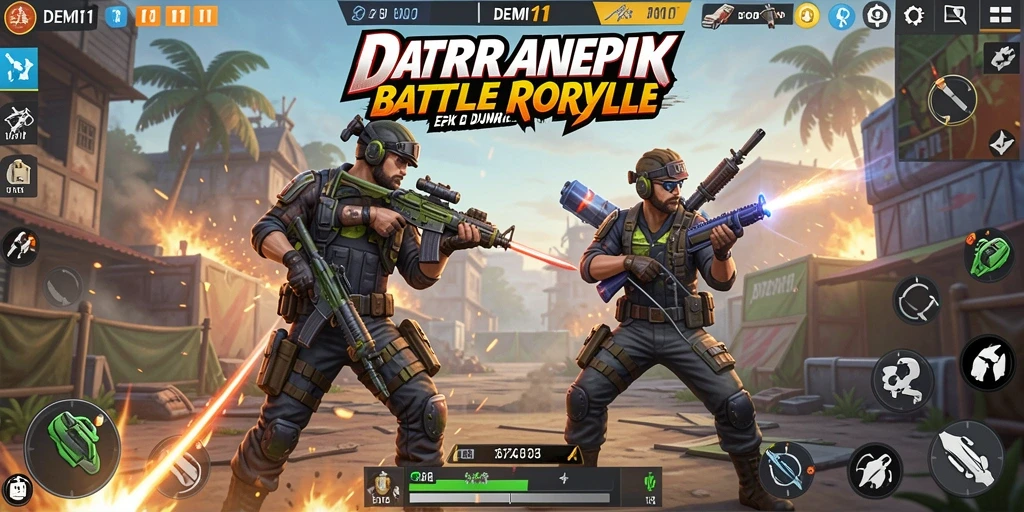 Tangkapan layar utama DEMI11 menampilkan aksi gameplay Battle Royale yang mendebarkan.