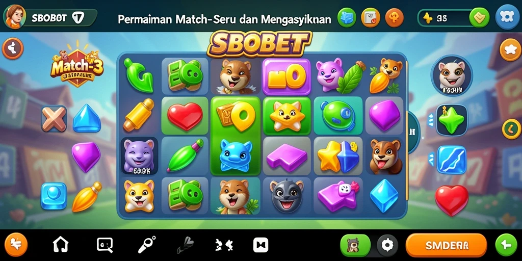 Tampilan gameplay SBOBET yang penuh warna dalam tantangan Match-3.