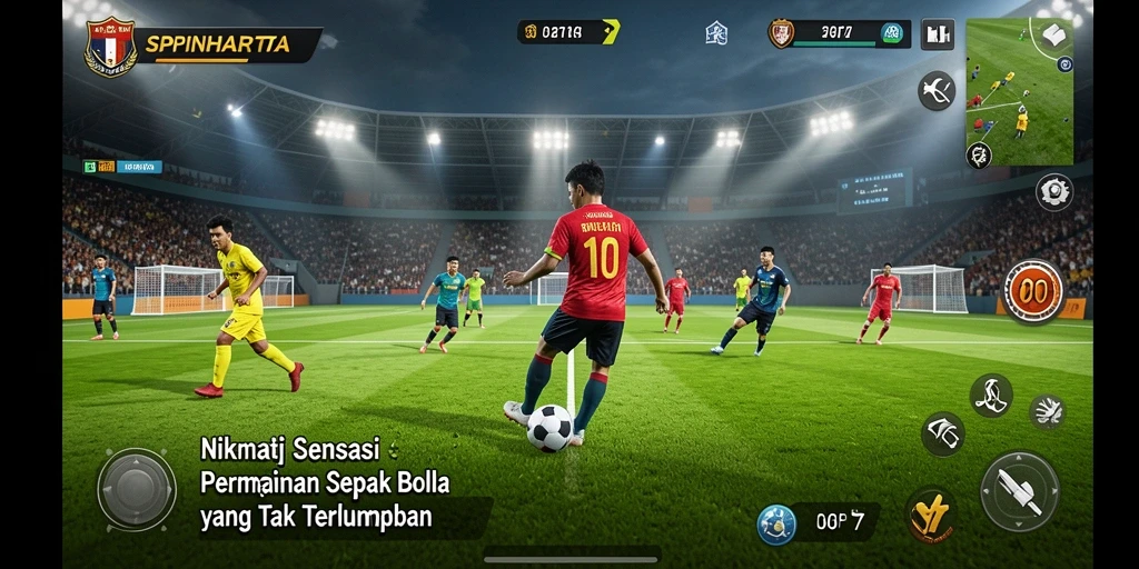 Tampilan gameplay SPINHARTA dengan aksi sepak bola yang mendebarkan.