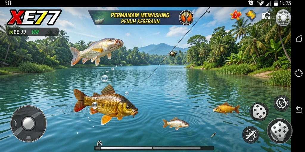 Gameplay XE77 yang menampilkan aksi memancing yang mengasyikkan dan interaksi dengan pemain lain.